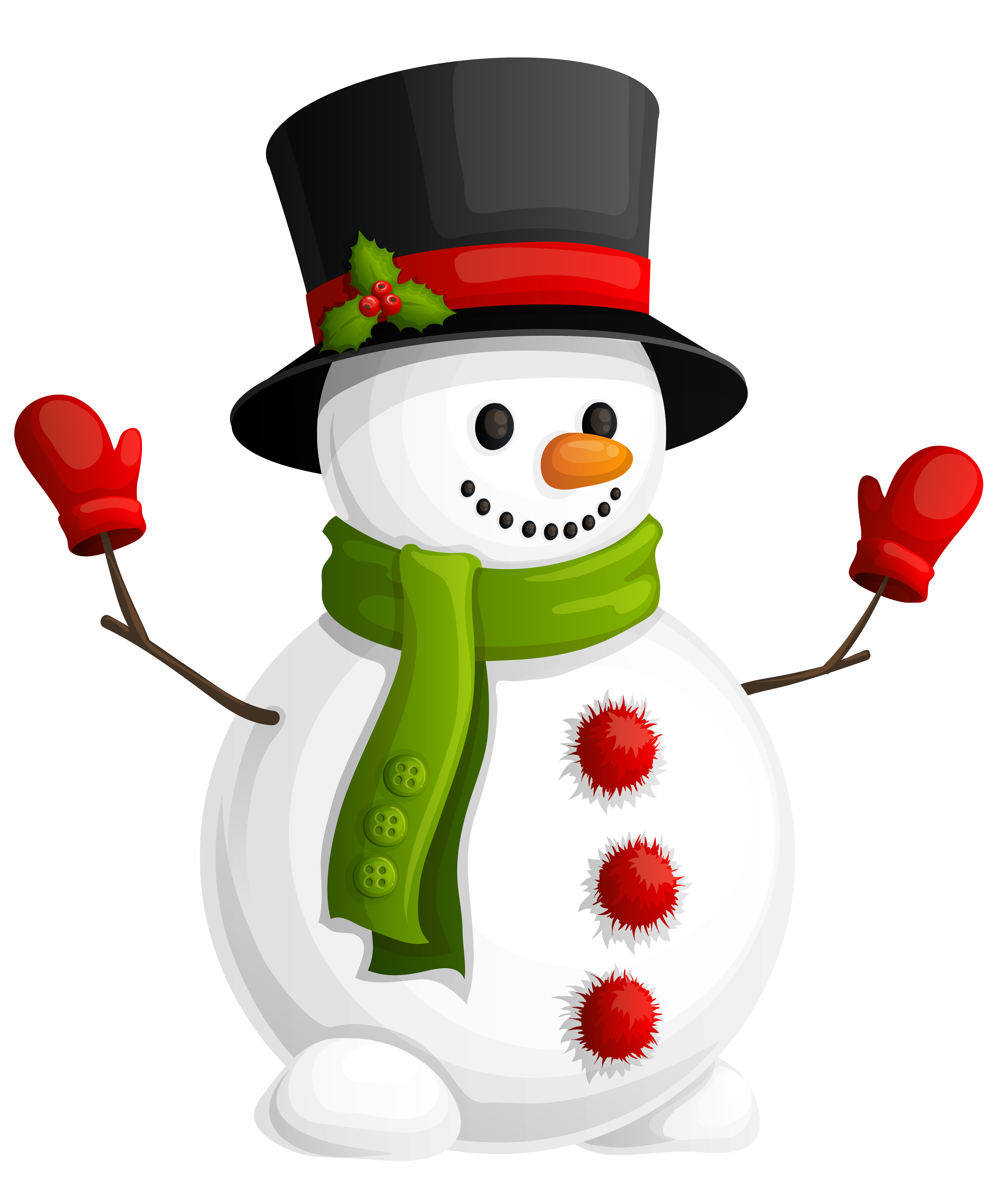 Transparent Snowman with Green Scarf Clipart.