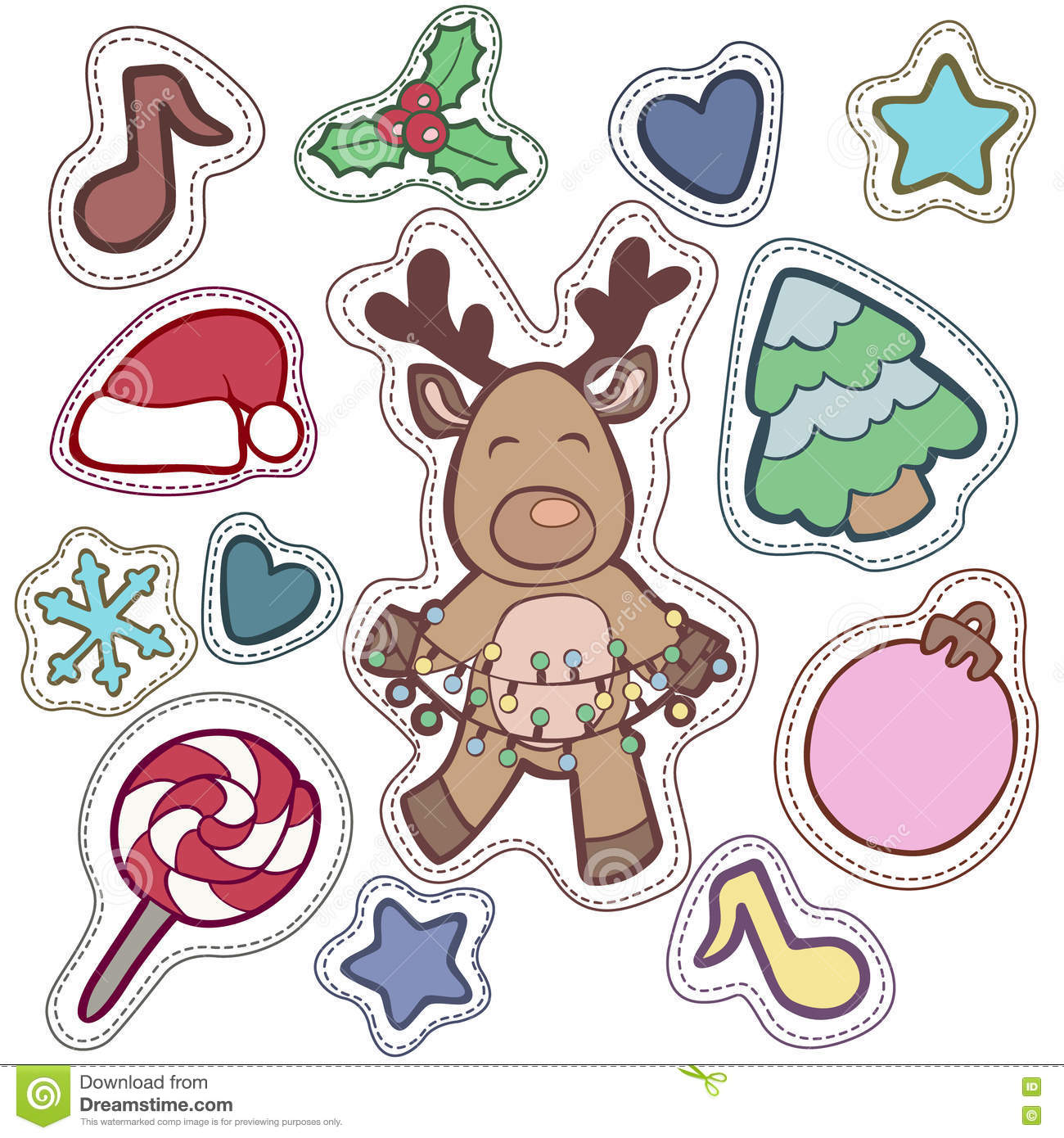 Christmas And Happy New Year Patch Badges With Santa, Deer, Snow.
