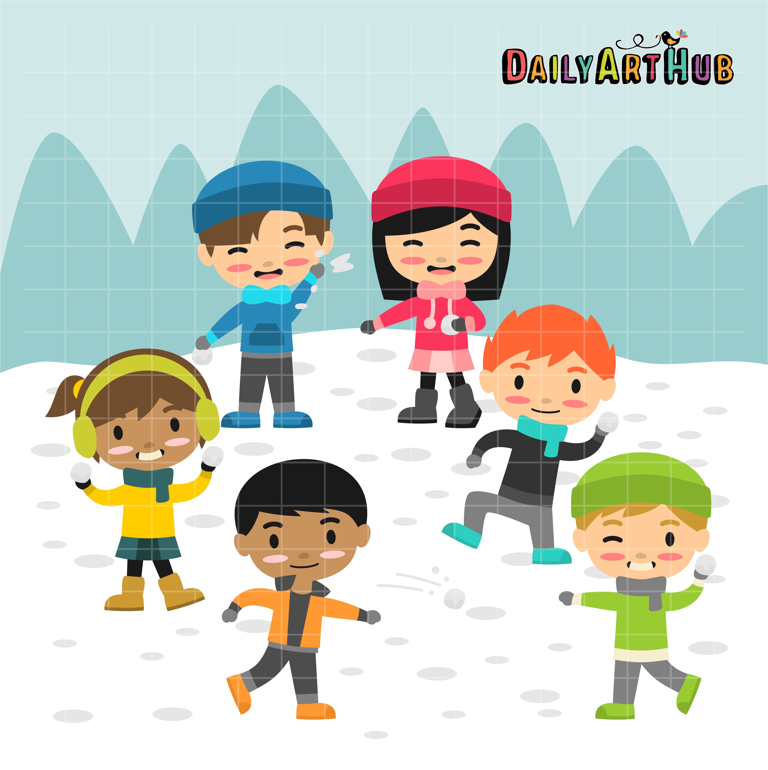 Snowball Fight Kids Clip Art Set.