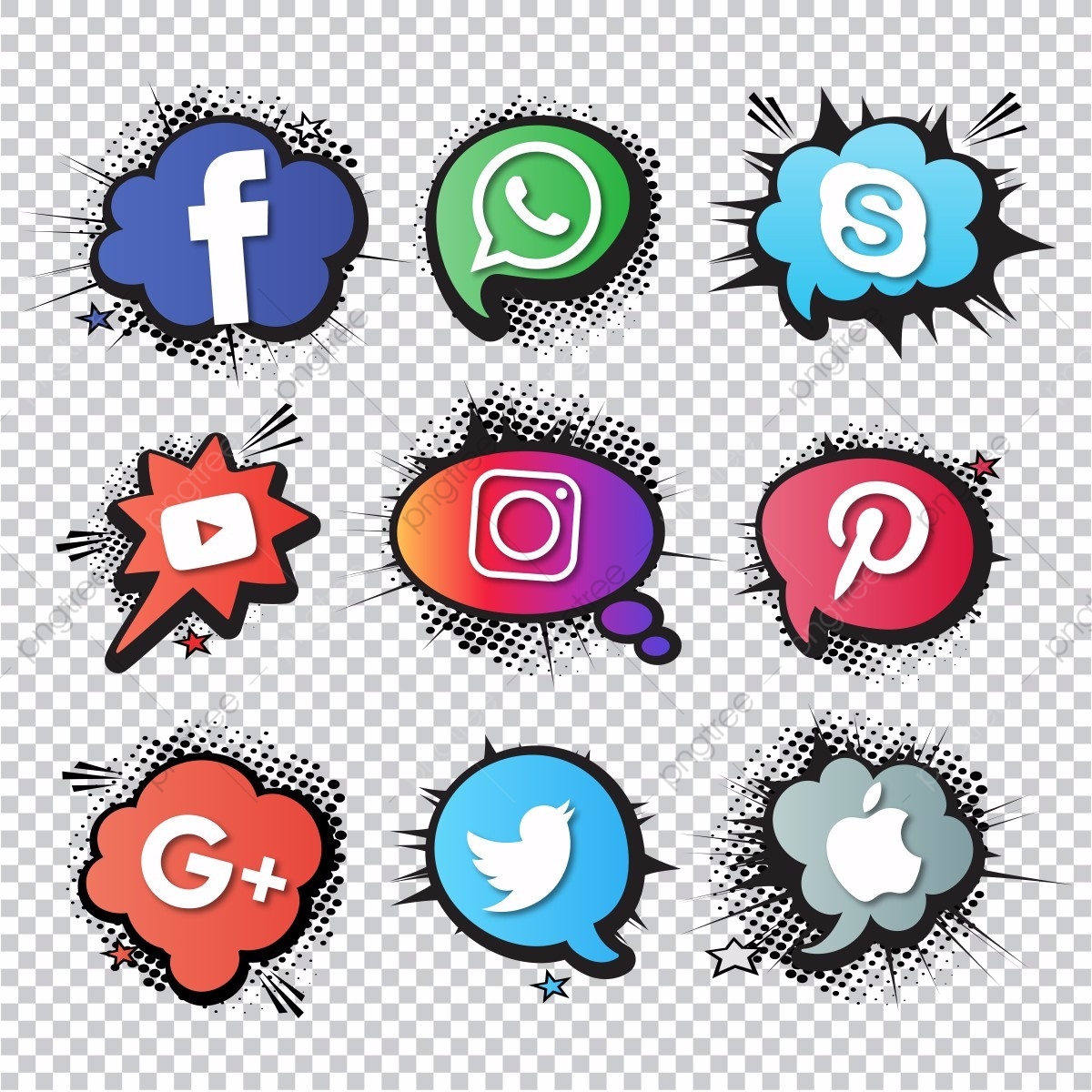 Set Of Social Icons Comic Style, Comic, Art PNG and Vector.