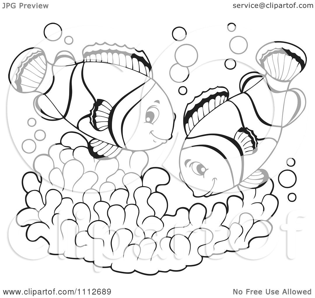 Clipart Outlined Clownfish Pair Over Soft Corals.