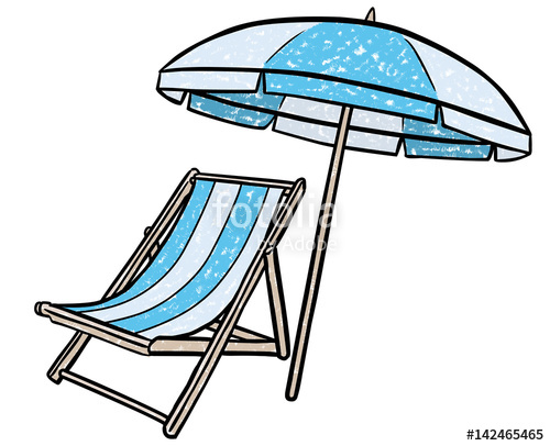 Farbige Zeichnung Liegstuhl und Sonnenschirm / Vektor.