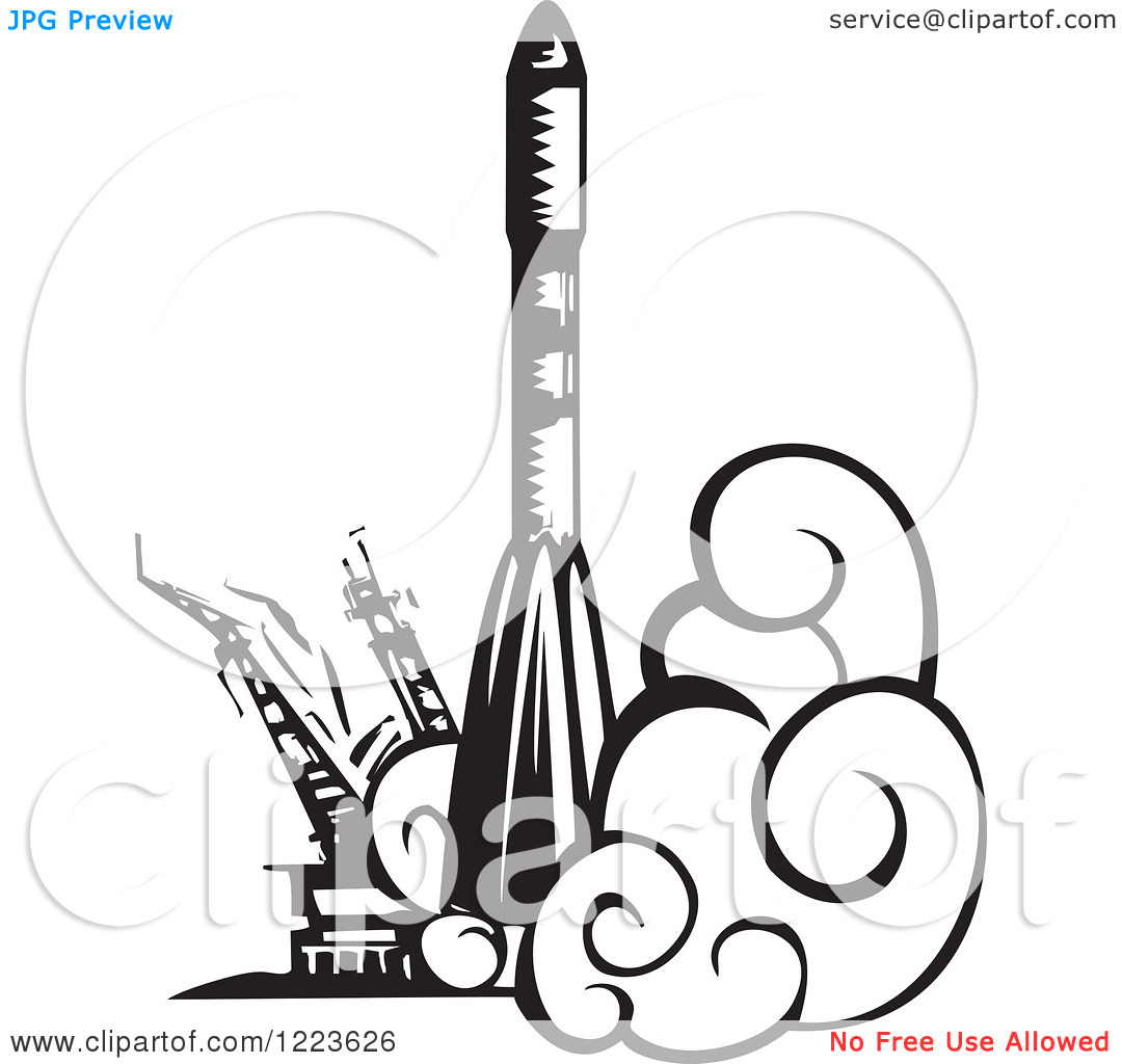 Clipart of a Woodcut Russian Soyuz Rocket Launching, in Black and.