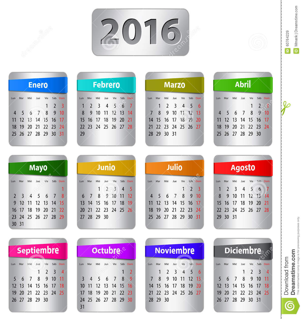 2016 Spanish Calendar Stock Vector.