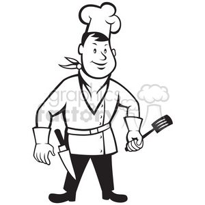 black and white chef standing front spatula 001 clipart. Royalty.