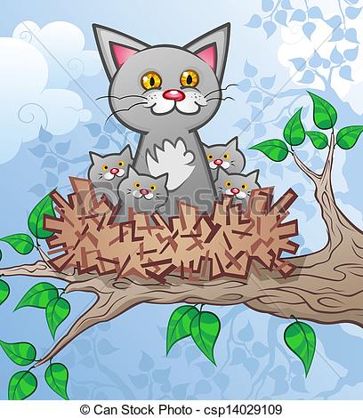 Vector Clipart of Kittens in a Bird Nest Cartoon.