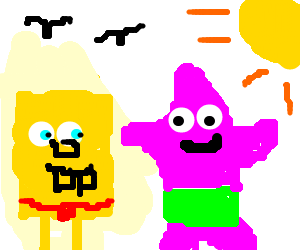 Spongebob in a speedo at the beach with patrick (drawing by.