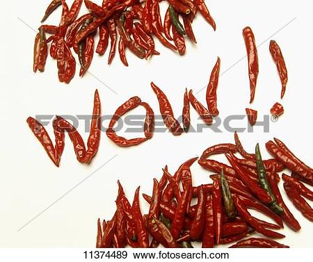 Stock Photograph of The word 'Wow!!' spelt using dried, red chilli.