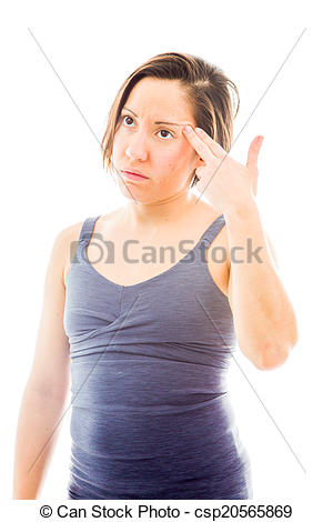 Stock Image of Young woman making gun with hand pointed at head.