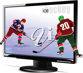 Clipart Illustration of Hockey Players on TV.