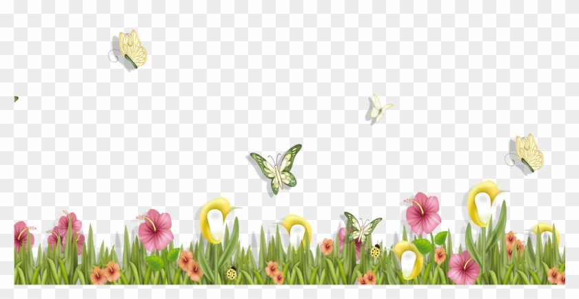 Grass With Butterflies And Flowers Png Clipart Spring.