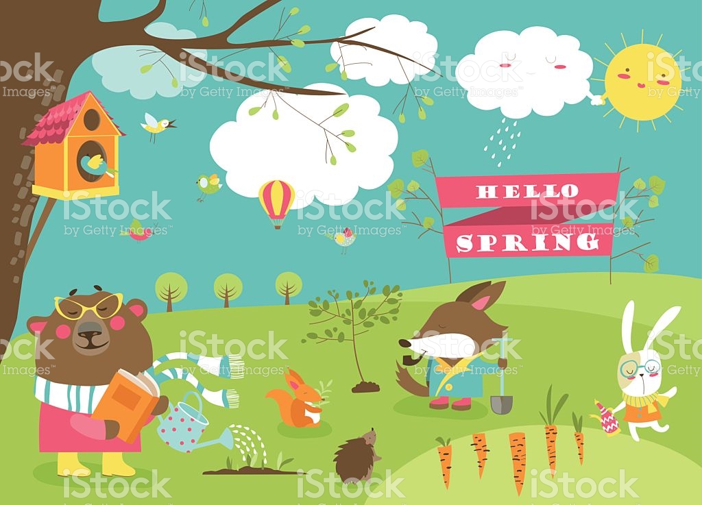 Cute Animals In Spring Forest stock vector art 635921660.