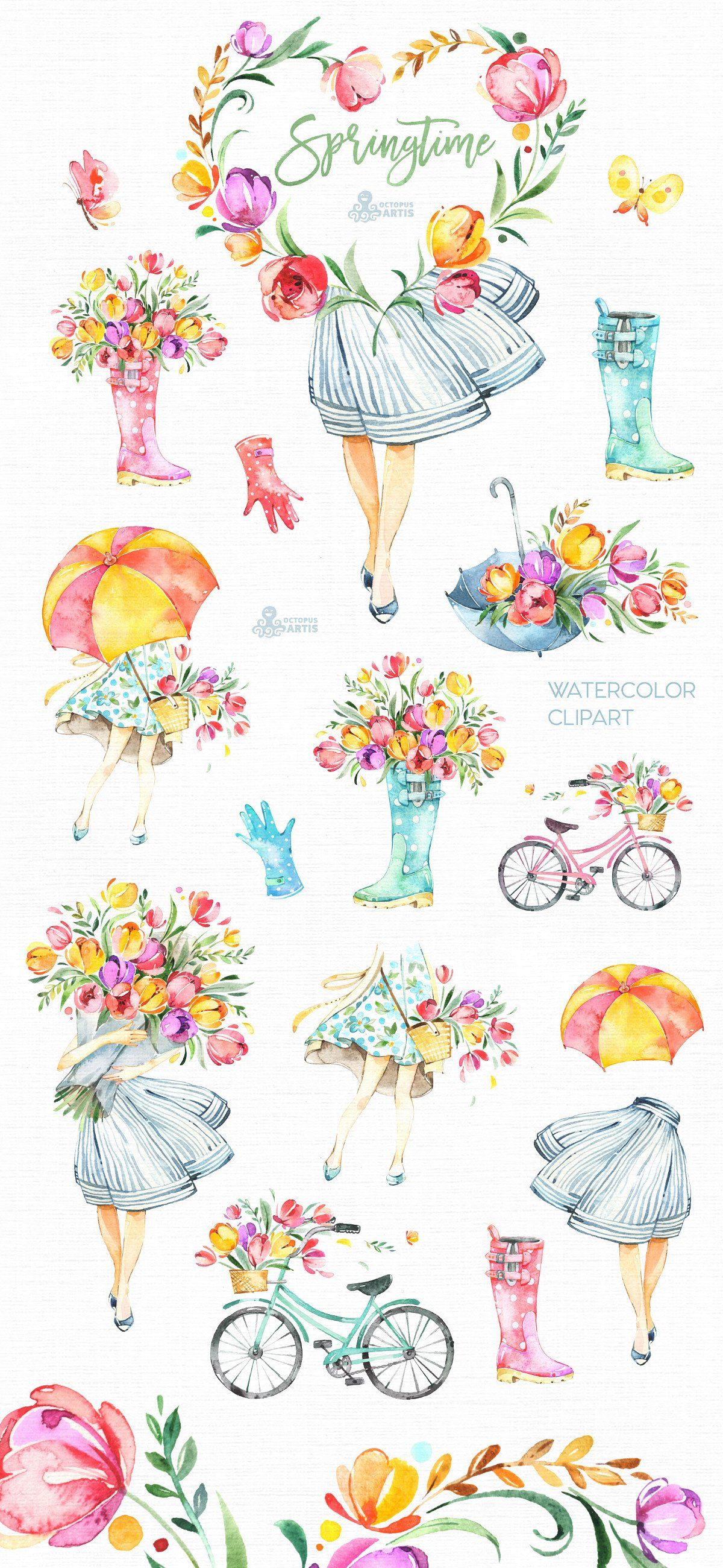 Springtime. Watercolor collection by OctopusArtis on.