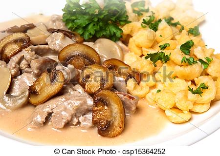 Stock Bilder von Pilze, Schweinefleisch, spaetzle.