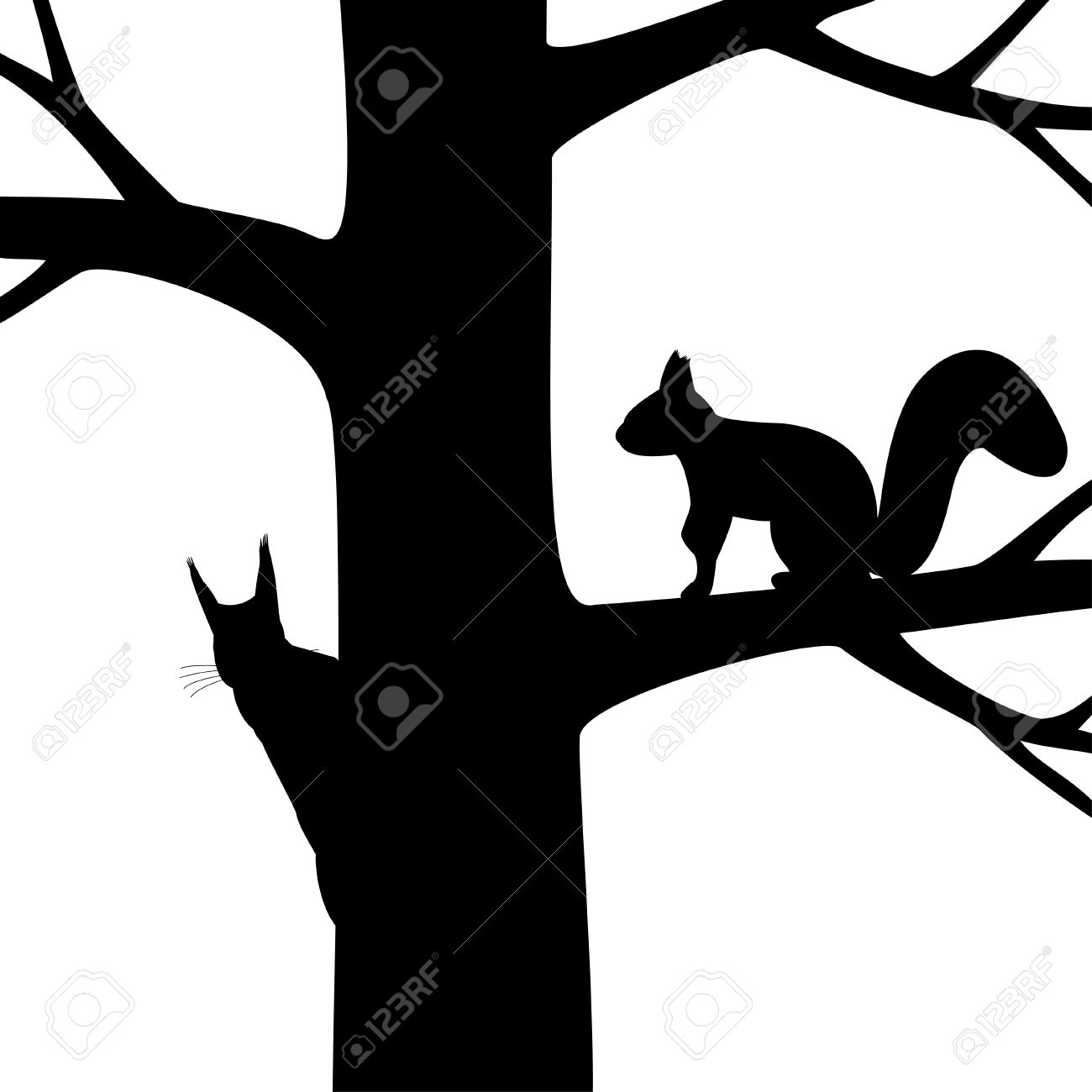 Illustration The Silhouette Two Squirrel On The Tree. Royalty Free.