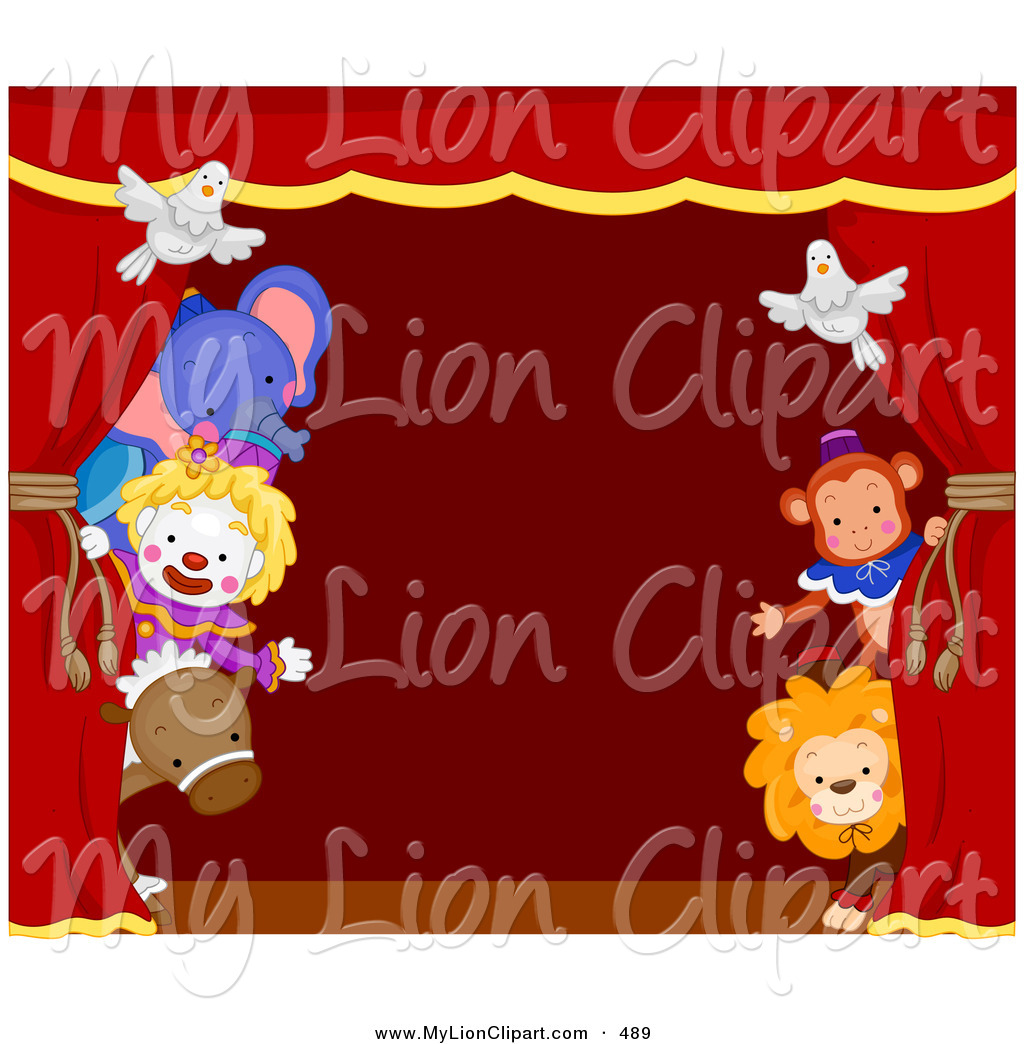 Clipart of a Group of Circus Animals Peeking Around a Red Stage.