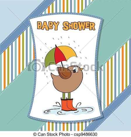 Vector Clipart of baby shower card with little bird stand in the.