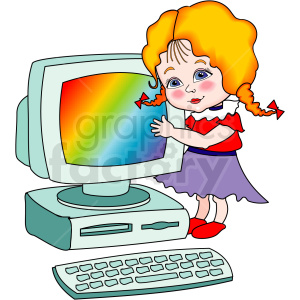 Little girl in pigtails standing next to a computer clipart. Royalty.