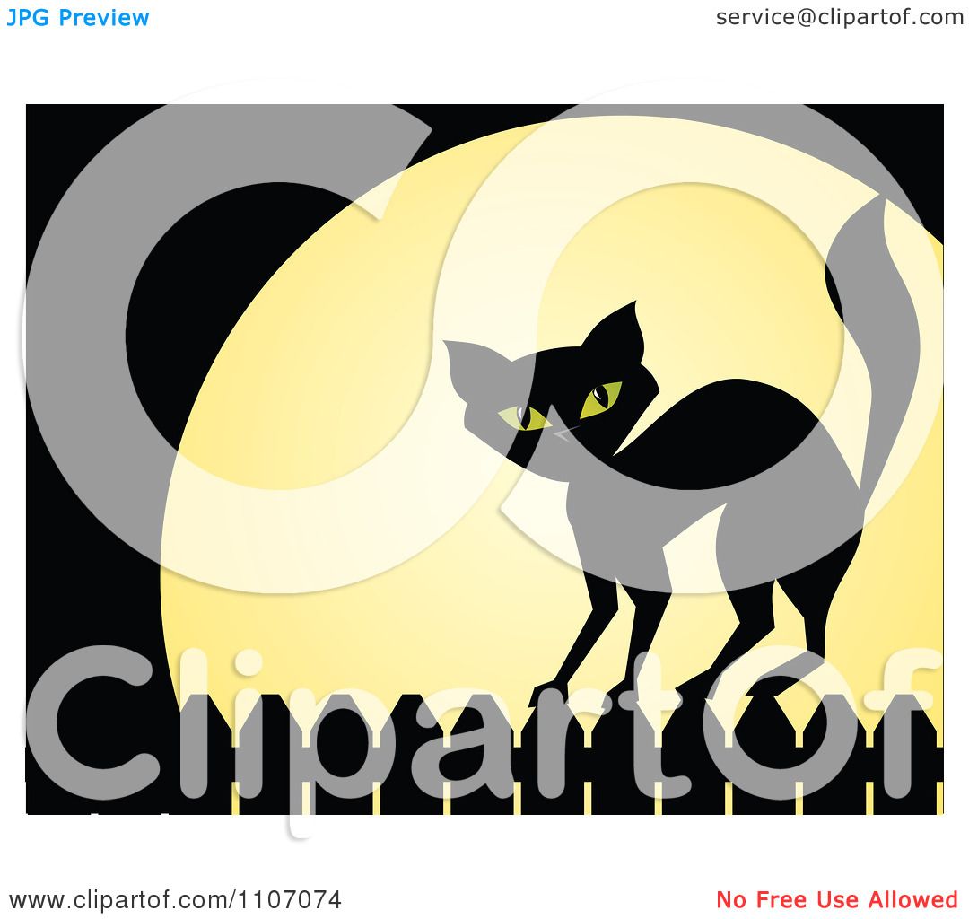 Clipart Black Cat Standing On A Fence Against A Full Moon On.