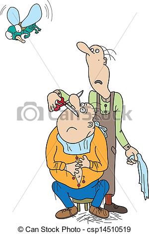 Vector Clip Art of A barber staring at the big fly.