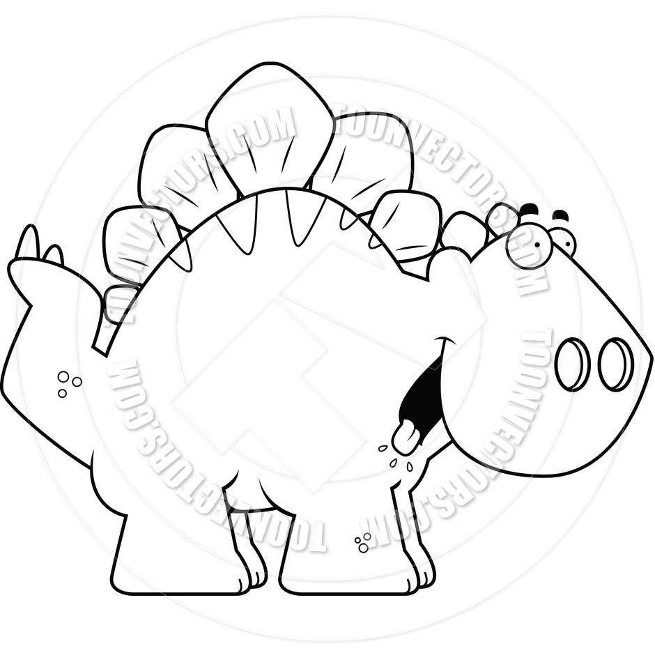 Cartoon Stegosaurus Dinosaur Hungry (Black and White Line Art) by.