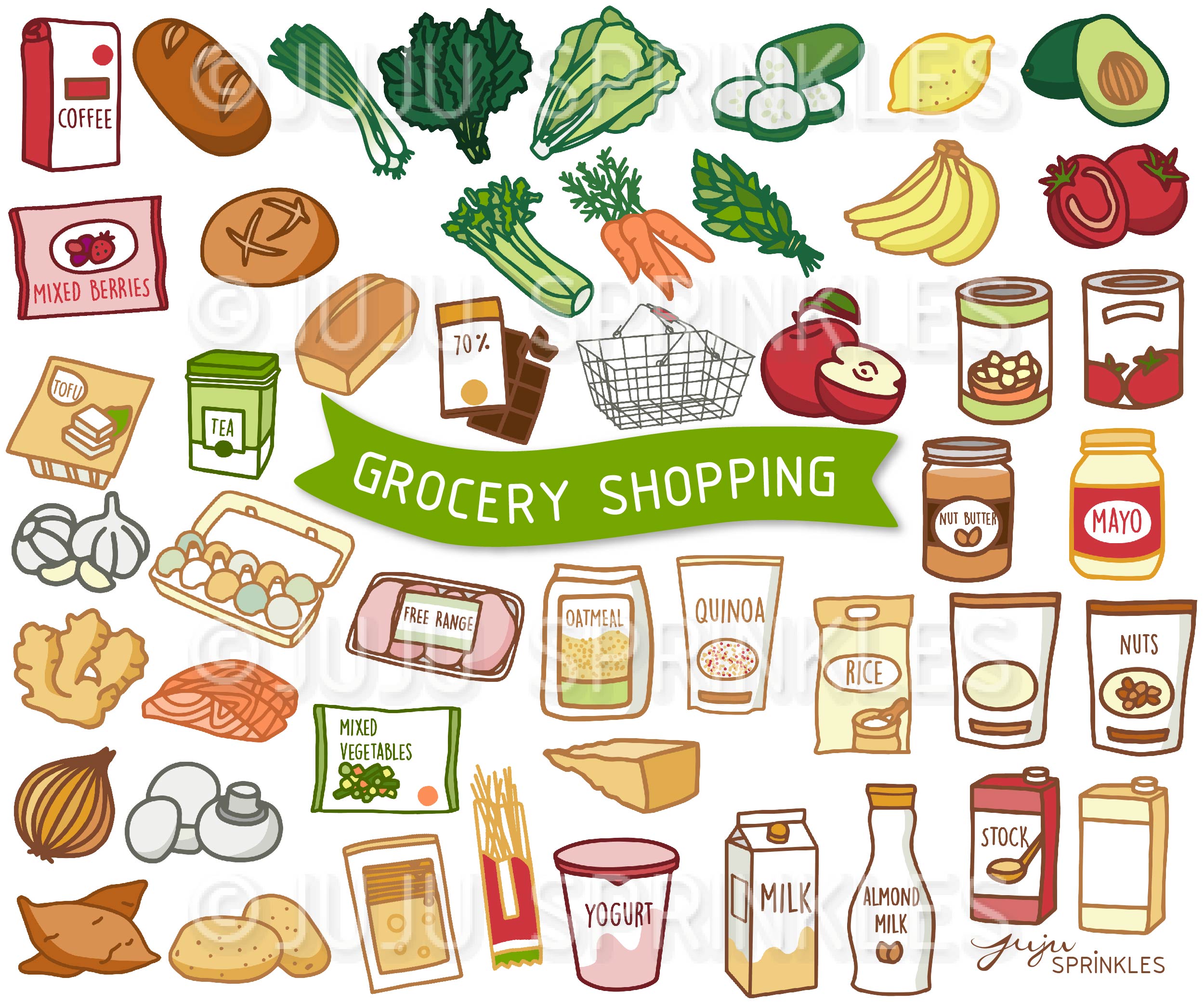 Grocery Shopping Clipart and Sticker Set.