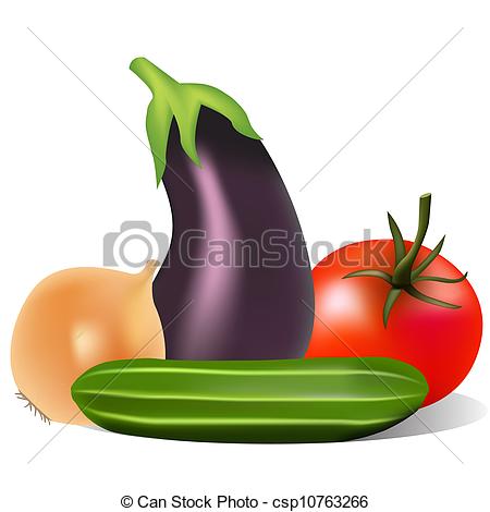 Clip Art Vector of still life with tomato onion cucumber eggplant.