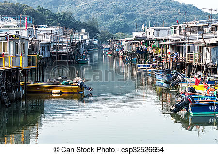 Stock Images of Tai O fishing village stilt houses in Hong Kong.
