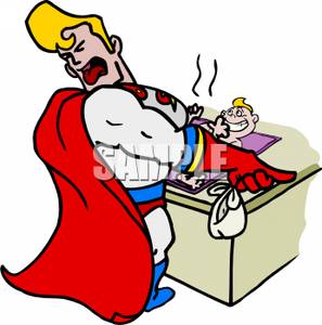 A Superhero Changing a Smelly Diaper on a Baby Clipart Picture.