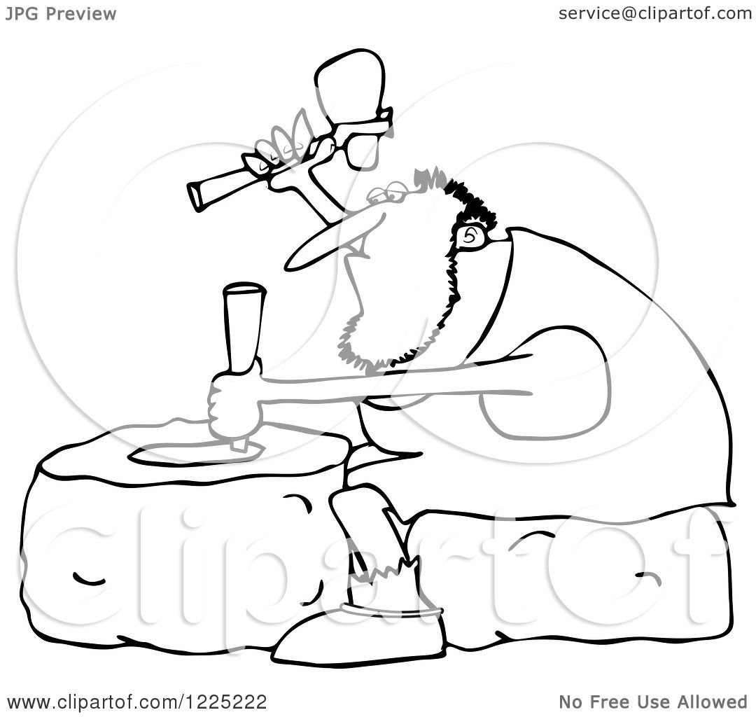 Clipart of an Outlined Genius Caveman Carving a Stone Wheel.