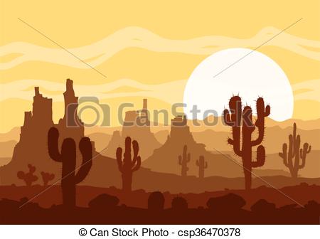 Vectors Illustration of Sunset in stone desert with cactuses and.