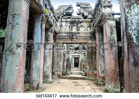 Picture of Dilapidated pillars of ancient stone temple, Angkor.