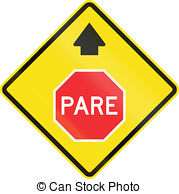 Stop sign in spanish pare sign Illustrations and Stock Art.