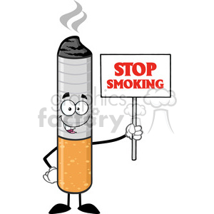 royalty free rf clipart illustration cigarette cartoon mascot character  holding a sign with text stop smoking vector illustration isolated on white.