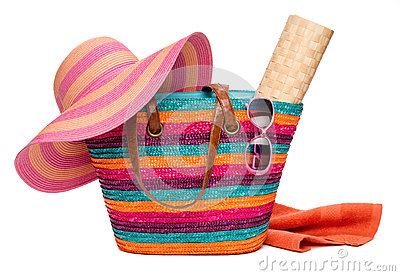 Beach Bag With Sun Hat Stock Images.