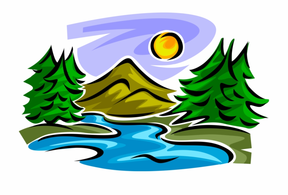 Vector Illustration Of Idyllic Mountain Stream Creek.