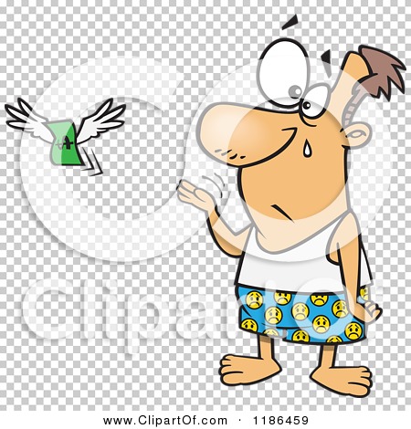 Cartoon of a Crying Man Stripped to His Boxers As His Money Flies.