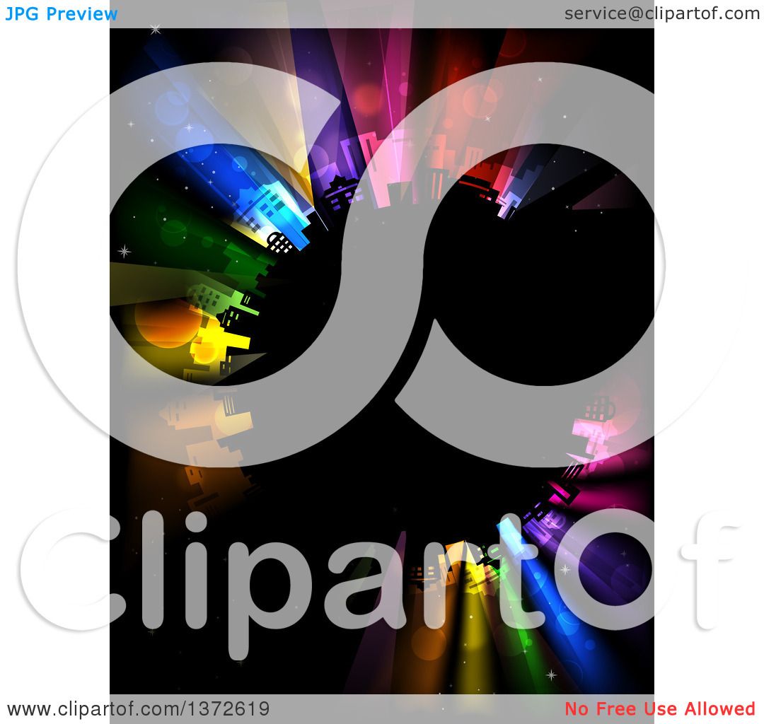Clipart of a Planet with City Buildings and Colorful Strobe Lights.