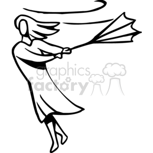 A Black and White Figure of a Woman Holding and Broken Umbrella Because the  wind is so Strong clipart. Royalty.