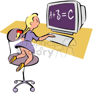 Cartoon student learning on a computer clipart. Royalty.