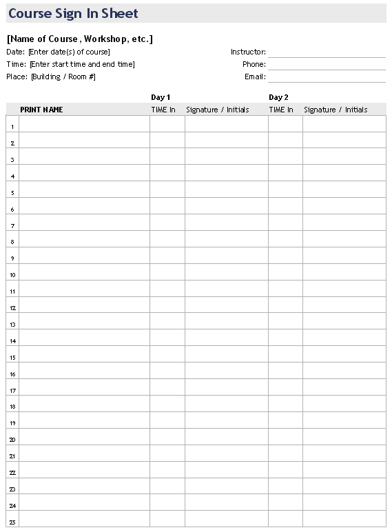 Printable Sign In Sheet.