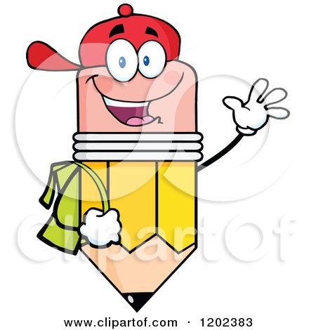 Cartoon of a Happy Pencil Student Mascot Waving.