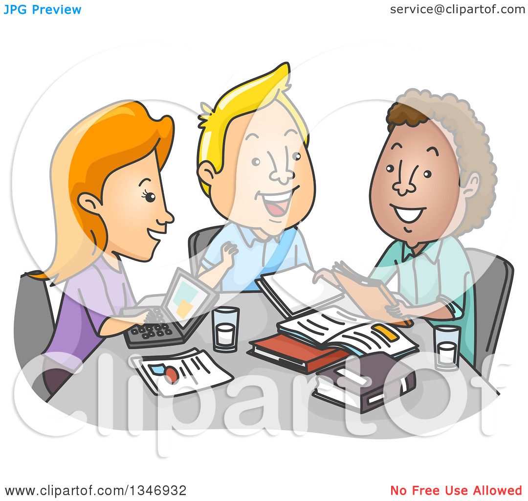 Clipart of a Cartoon Group of College Students Studying at a Table.