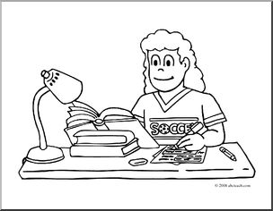 Clip Art: Kids: Girl Studying (coloring page) I abcteach.com.