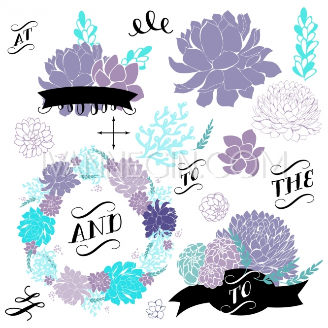 Wedding graphic set with succulents, wreath and glass.