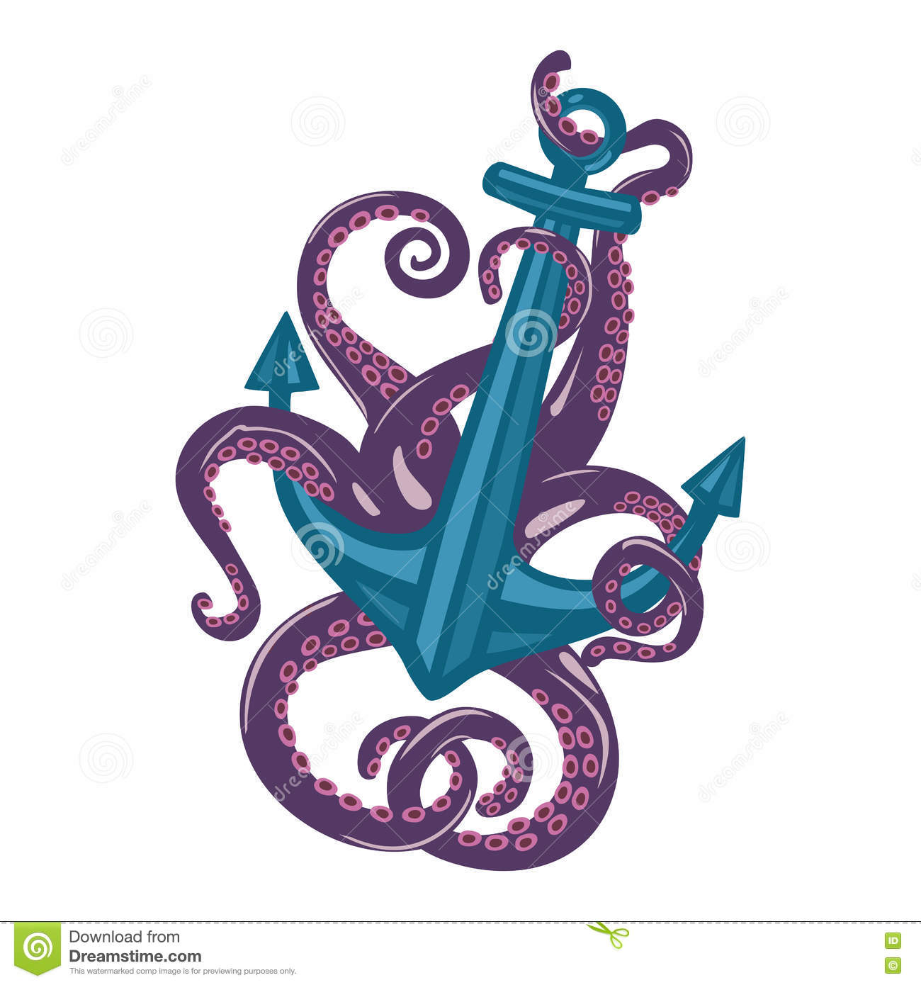Violet Cartoon Octopus With Curvy Arms And Suction Cups Around Sea.