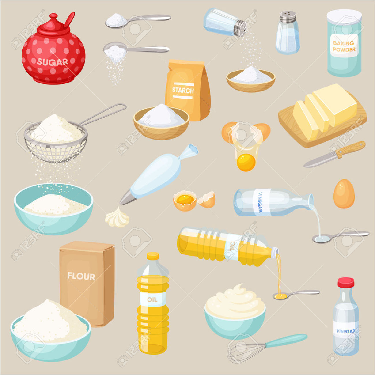 Baking Ingredients Set: Sugar, Salt, Flour, Starch, Oil, Butter.