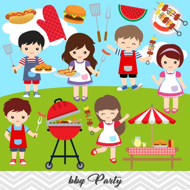 BBQ Digital Clip Art, Kids BBQ Clipart, Boys and Girls Summer Barbecue  Clipart, 00248.