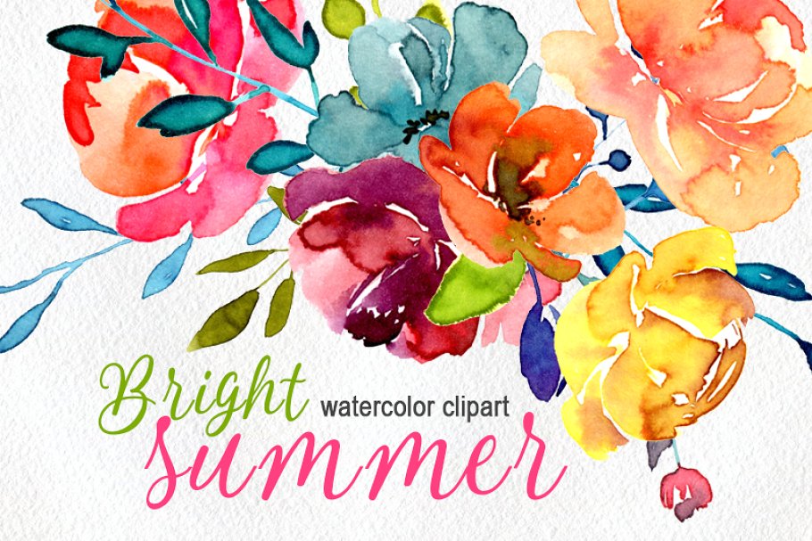 Bright watercolor summer flowers png.