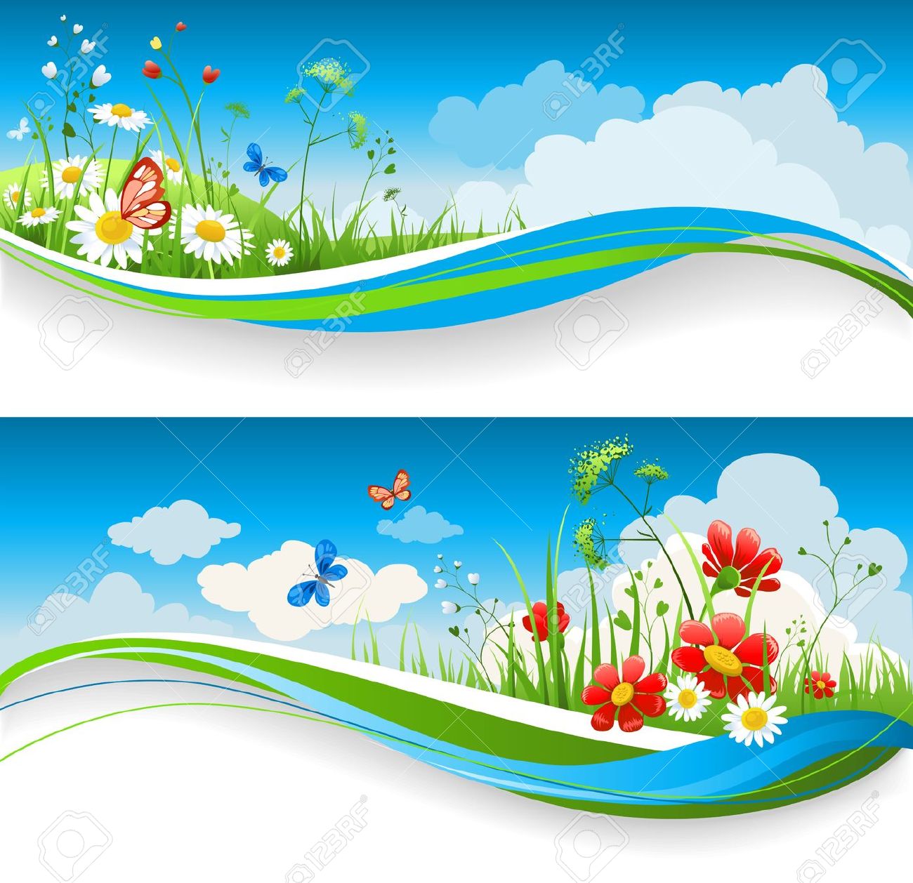 Two Summer Natural Banners With Flowes And Blue Sky Royalty Free.